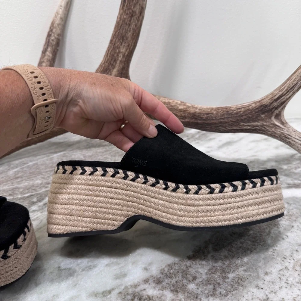 TOMS Diana Black Suede Espadrille Platform Wedge Sandals Womens 9.5